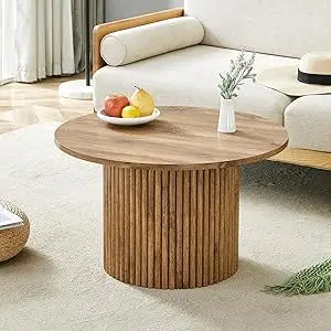 Round Coffee Table, Modern Black Side Table End Table for Living Room, Wood Circle Drum Coffee Table with Handcrafted Relief, Co