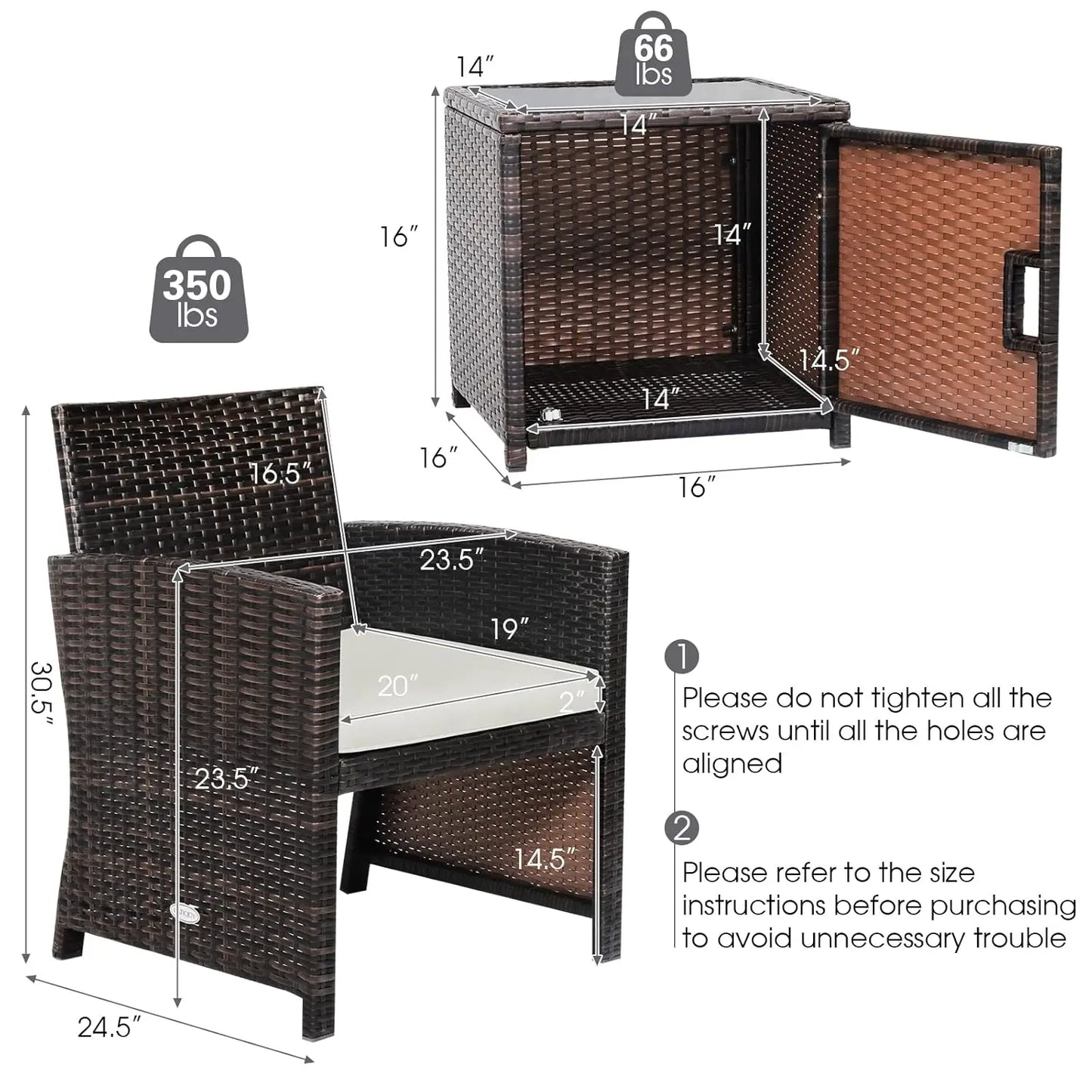 3 Pieces Outdoor Wicker Conversation Set with Waterproof Cover, 2 Patio PE Rattan Cushioned Chairs with Side Storage Table, Suit