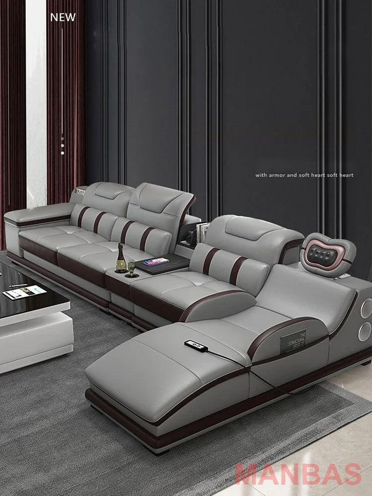 Linlamlim Italian Genuine Leather Sectional Sofa with Bluetooth, Speaker, Functional Headrest, Massage Chaise | Big Corner Couch