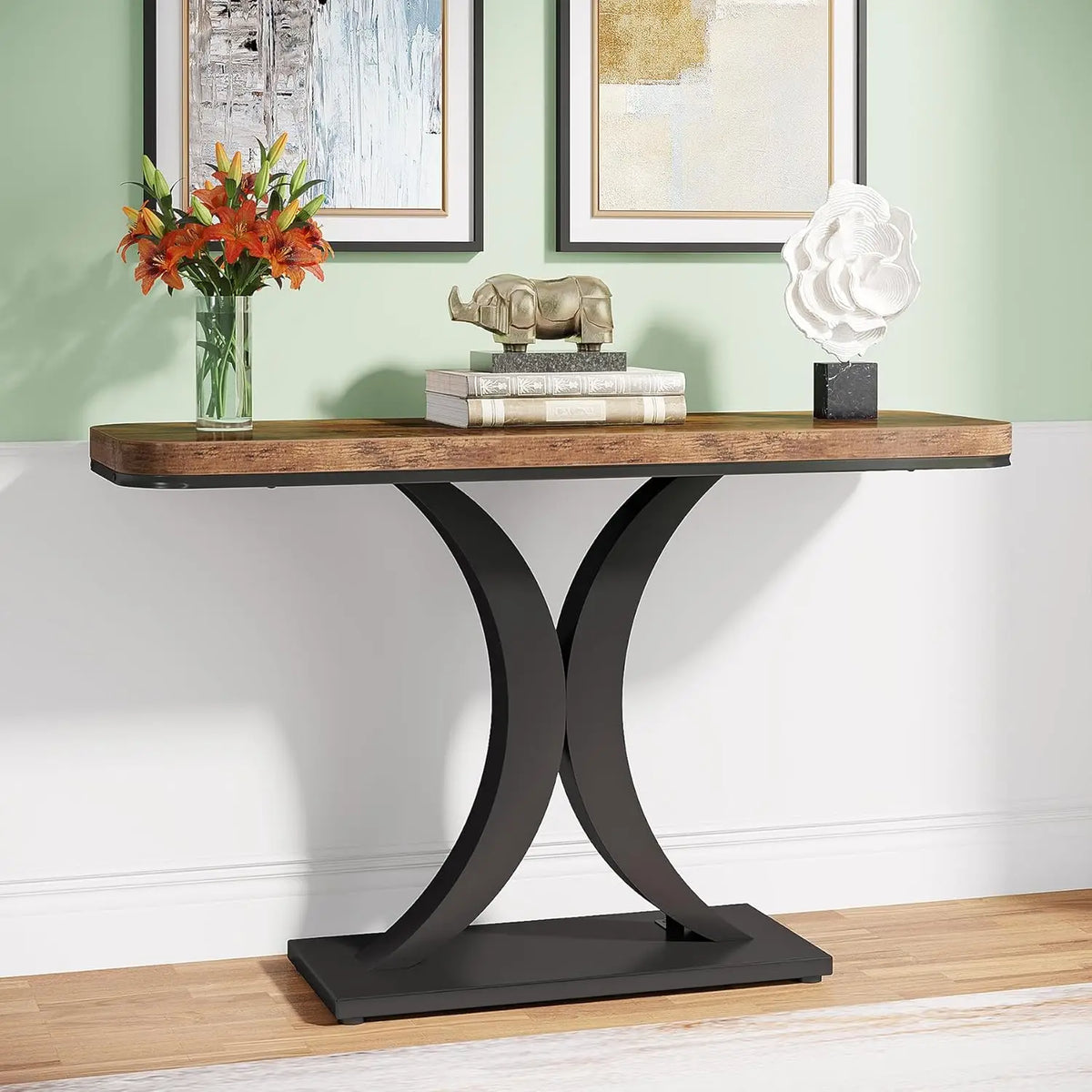LITTLE TREE Industrial Console Table, 40 inch Narrow Entryway Foyer Table with Geometric Base, Accent Table for Living Room