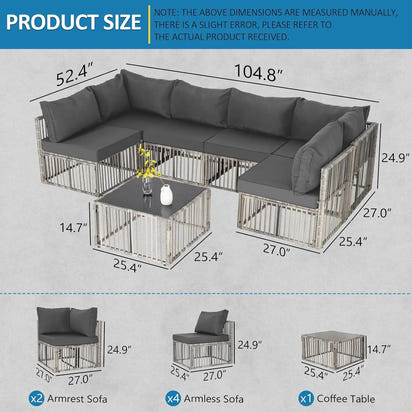 7 Pieces Outdoor Patio Furniture Set, Wicker Outdoor Sectional Conversation Couch Set with Adjustable Backrest Sofa