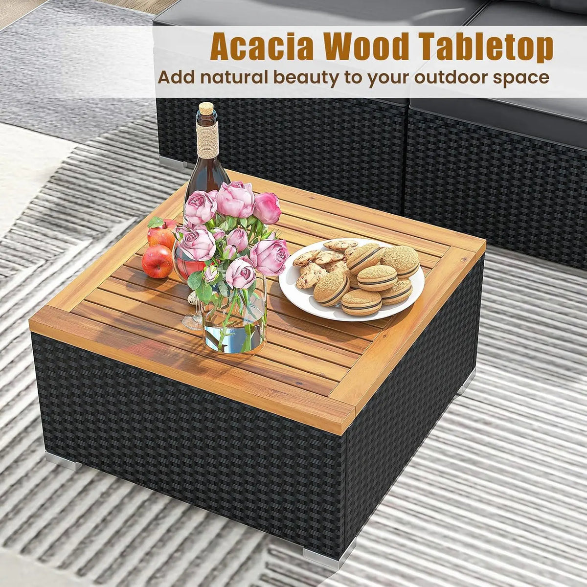 5pc PE Rattan Sectional Set 4 Armless Sofas Acacia Table Cushioned Garden Poolside Backyard Grey Customized