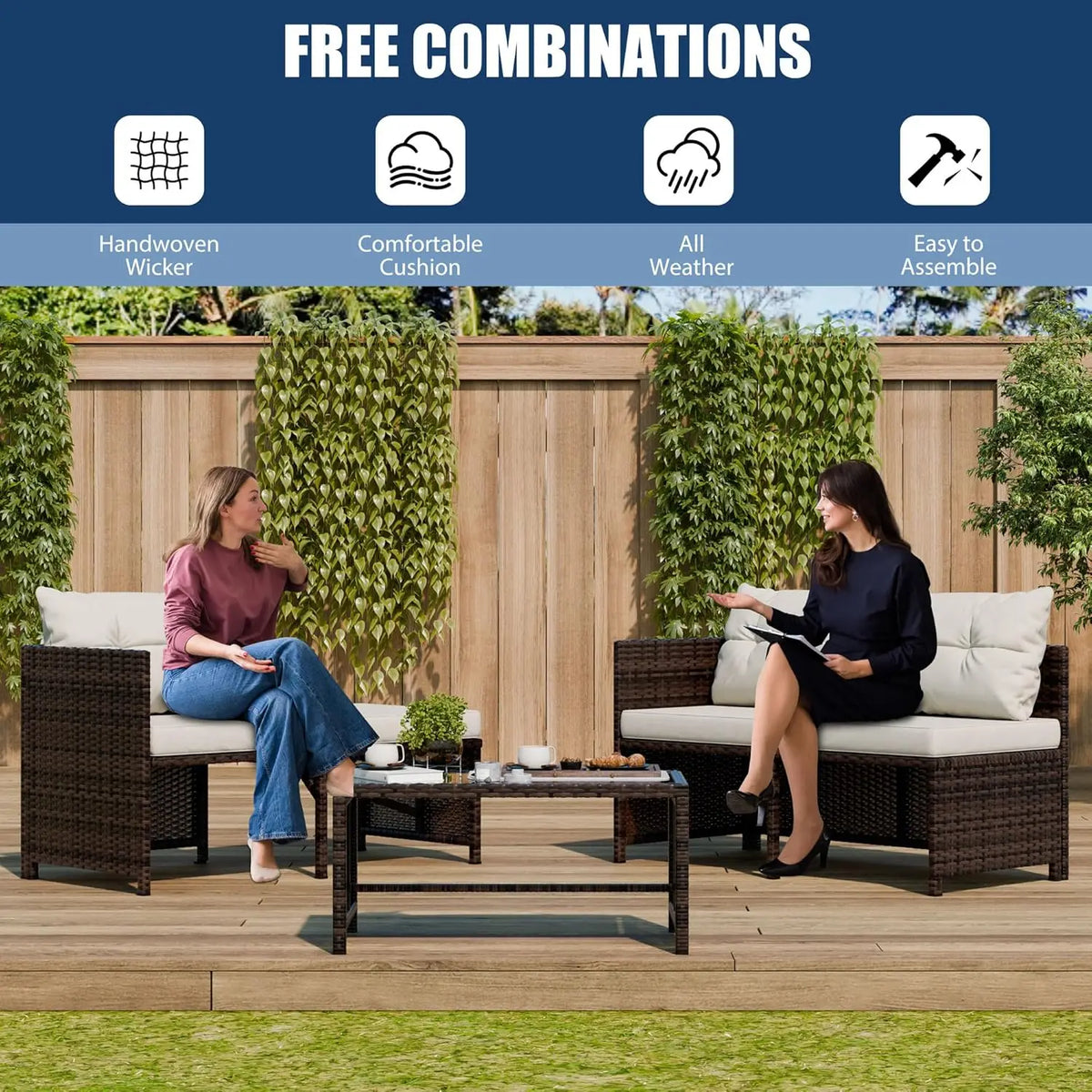 Vongrasig 3 Piece Patio Furniture Sets, All-Weather Wicker Outdoor Sofa Couch Sectional Set, Small Conversation Set for Patio, G