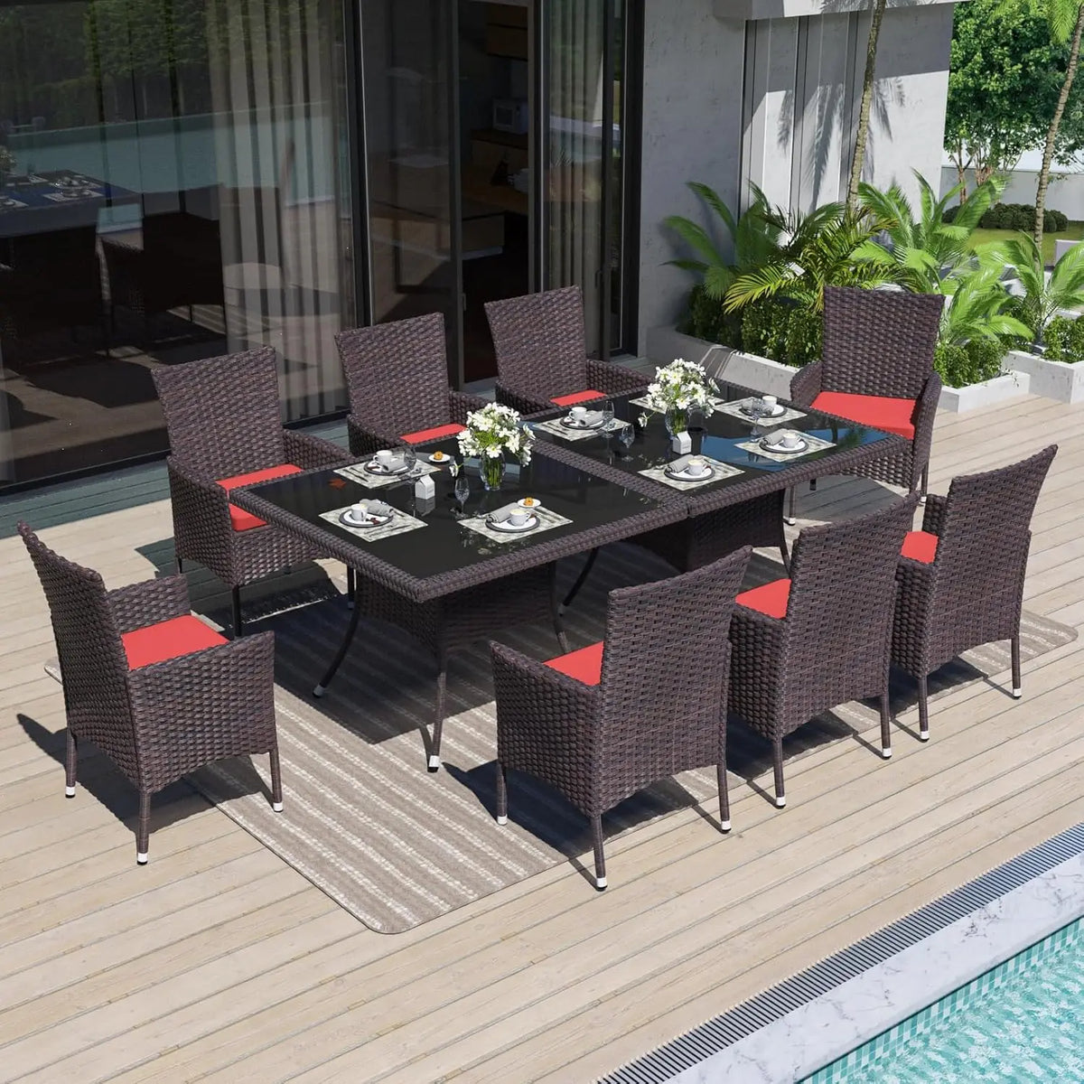 10 Piece Patio Dining Set All-Weather Wicker Outdoor Patio Furniture Set w/Tempered Glass Tabletop, Removable Cushions and Umbre