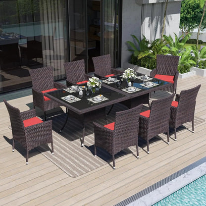 10 Piece Patio Dining Set All-Weather Wicker Outdoor Patio Furniture Set w/Tempered Glass Tabletop, Removable Cushions and Umbre