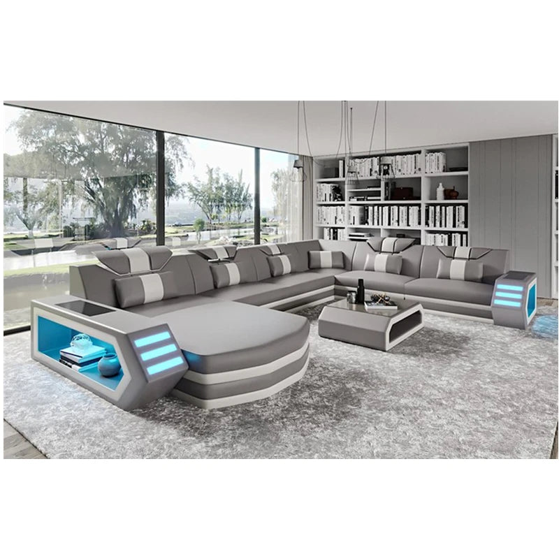 Luxury Italy Design Sectional Sofa Bed Modern LED Living Room Furniture Genuine Leather Sofas Sets