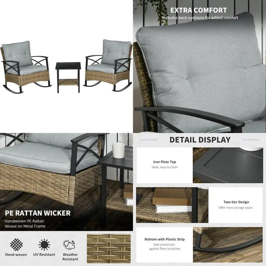 Outdoor Wicker 3-Piece Patio Rocking Chair Set with Cushioned Rockers and 2-Tier Coffee Table for Garden Use