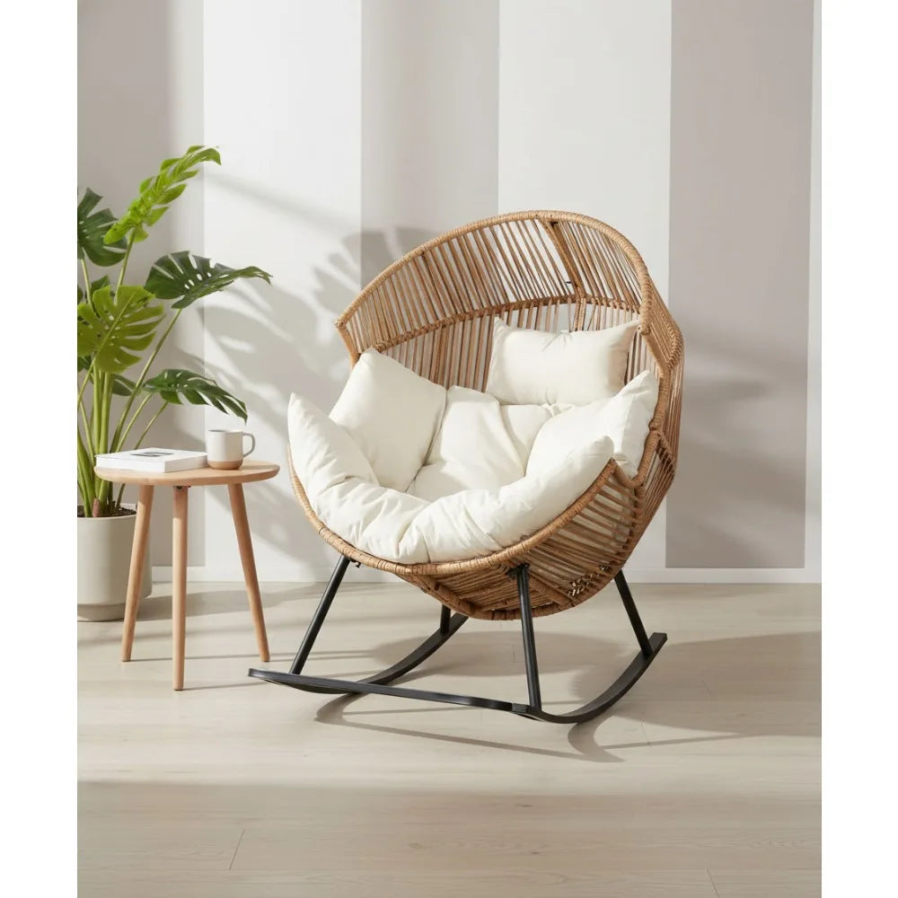 Outdoor Egg Chair with Cushion, Wicker Rocking Lounger for Patio, Living Room, Bedroom, Balcony in Beige