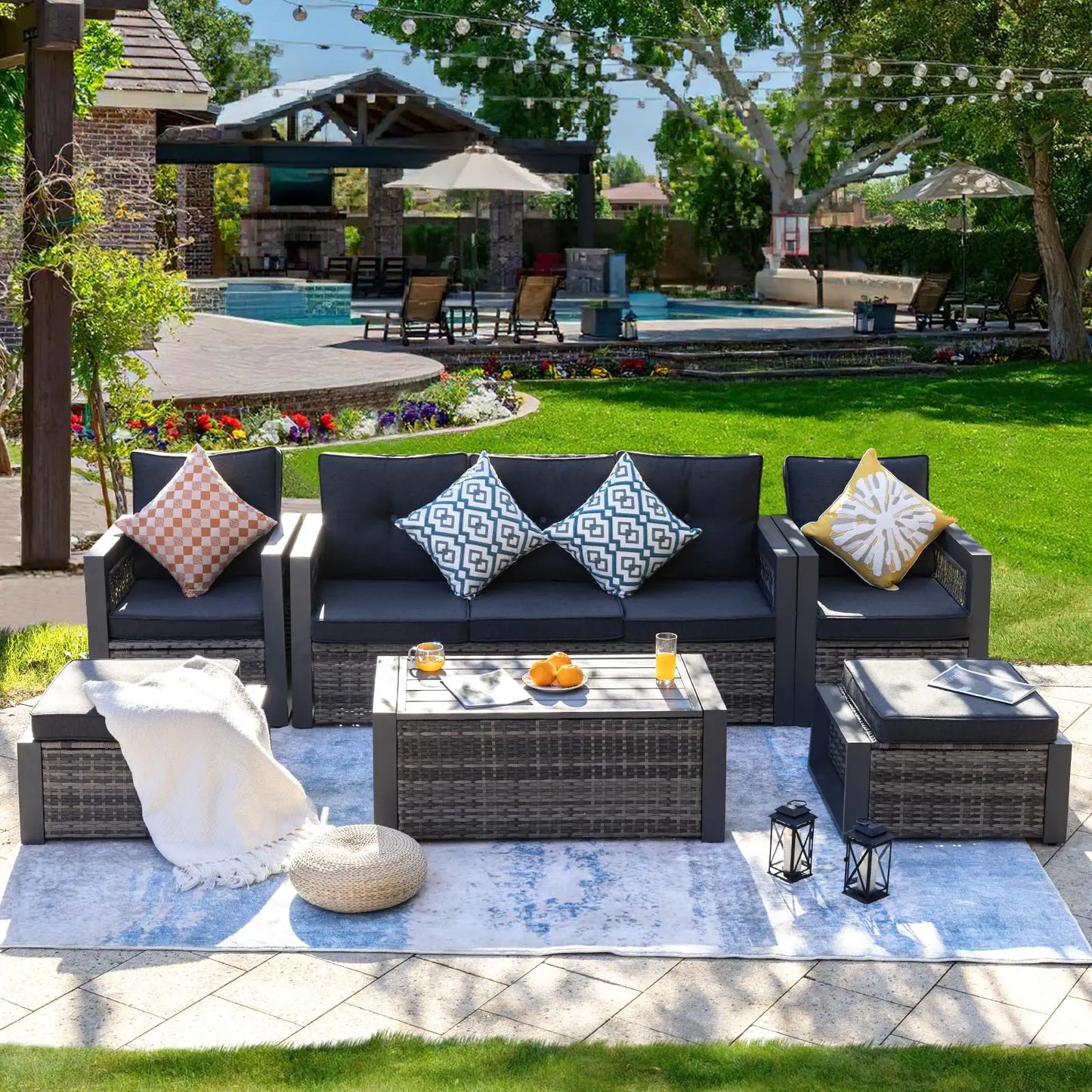 Aluminum Patio Furniture Modern Outdoor Sofa Rattan Garden Sofa with Storage Coffee Table (Grey)