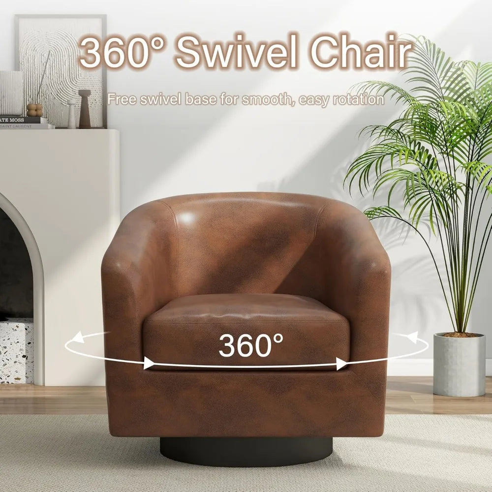 Faux Leather Swivel Barrel Accent Chairs, 360° Swivel Round Single Sofa Chair, Comfy Upholstered Club Armchair for Liv