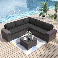 6 Pieces All-Weather PE Rattan Wicker Patio Sectional Outdoor Furniture Sofa Chairs Conversation Set for Garden