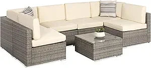 Seven Piece Modular Set, Outdoor Sectional Wicker Patio, Conversation With Two Pillows, Coffee Table Cover Included