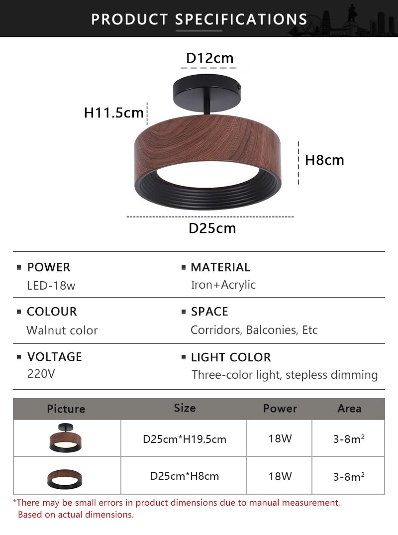 Nordic LED Ceiling Light Circular Walnut Wood Grain Aisle Light Dressing Room Corridor Balcony Decoration Indoor Ceiling Lamp