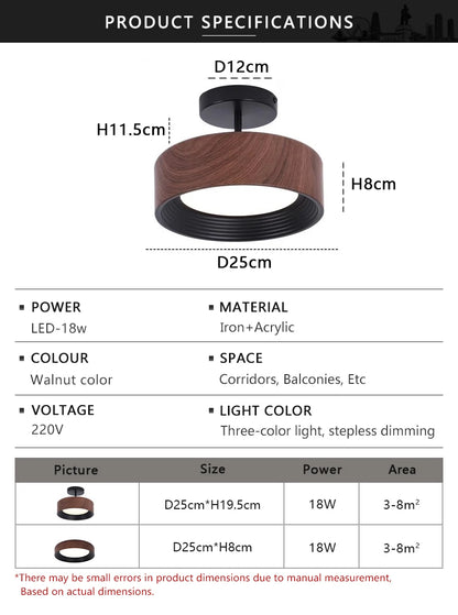 Nordic LED Ceiling Light Circular Walnut Wood Grain Aisle Light Dressing Room Corridor Balcony Decoration Indoor Ceiling Lamp