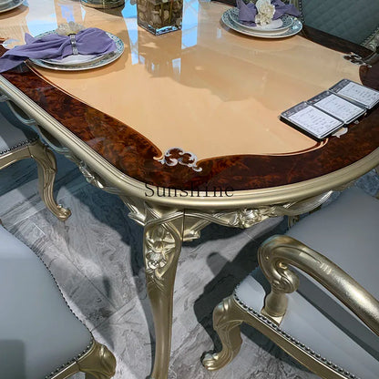 European solid wood oval rectangular dining table and chairs combination luxury restaurant French 6 people gold foil