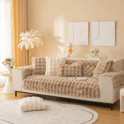 1pc Imitation Rabbit Plush Sofa Cover Winter Warm Thick Plush Soft Sofa Slipcover Pet Favorite Non-slip Protective Couch Cover