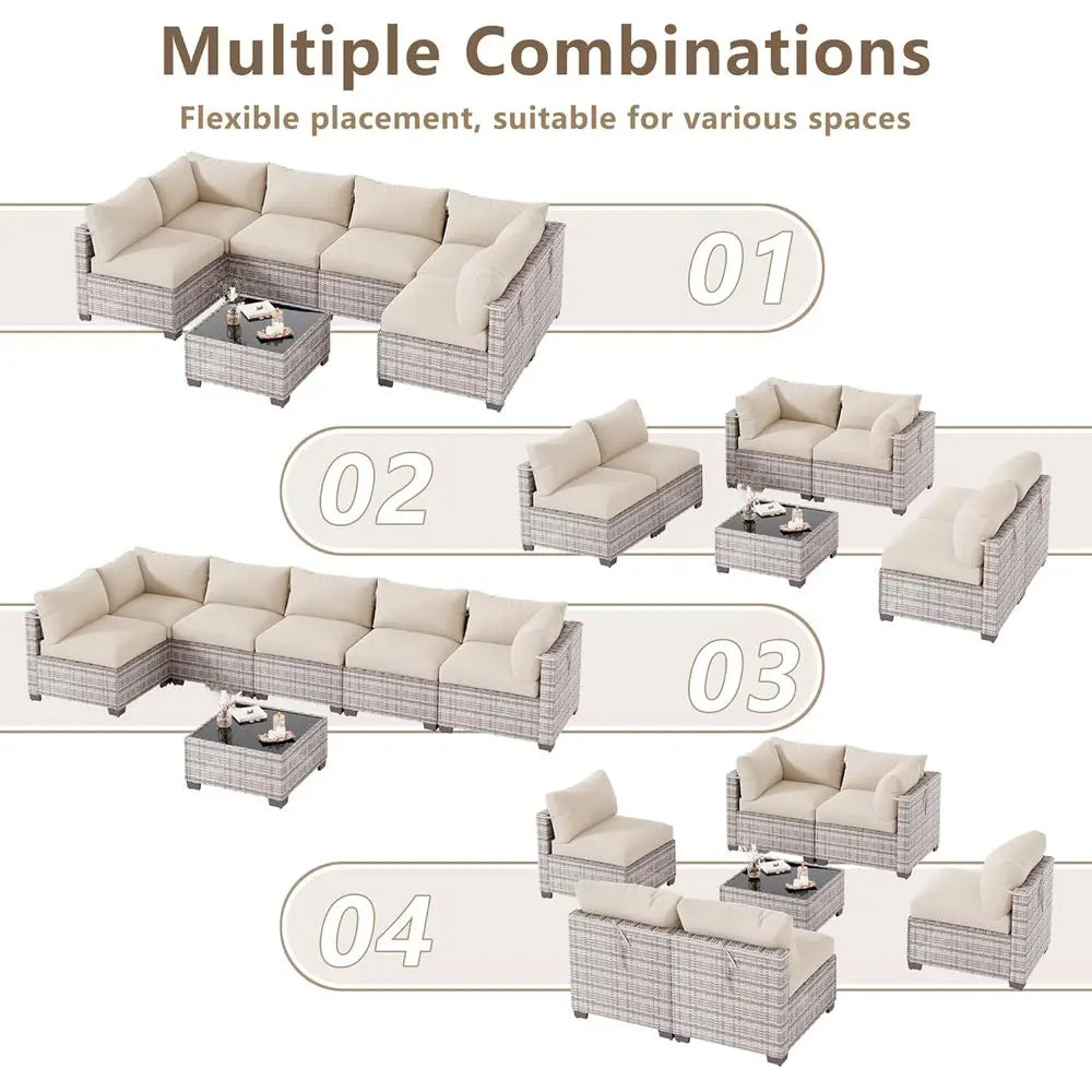 7-Piece Outdoor Patio Furniture Set, Sectional Sofa, Wicker Rattan, with Coffee Table and Cushions