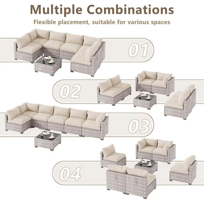 7-Piece Outdoor Patio Furniture Set, Sectional Sofa, Wicker Rattan, with Coffee Table and Cushions