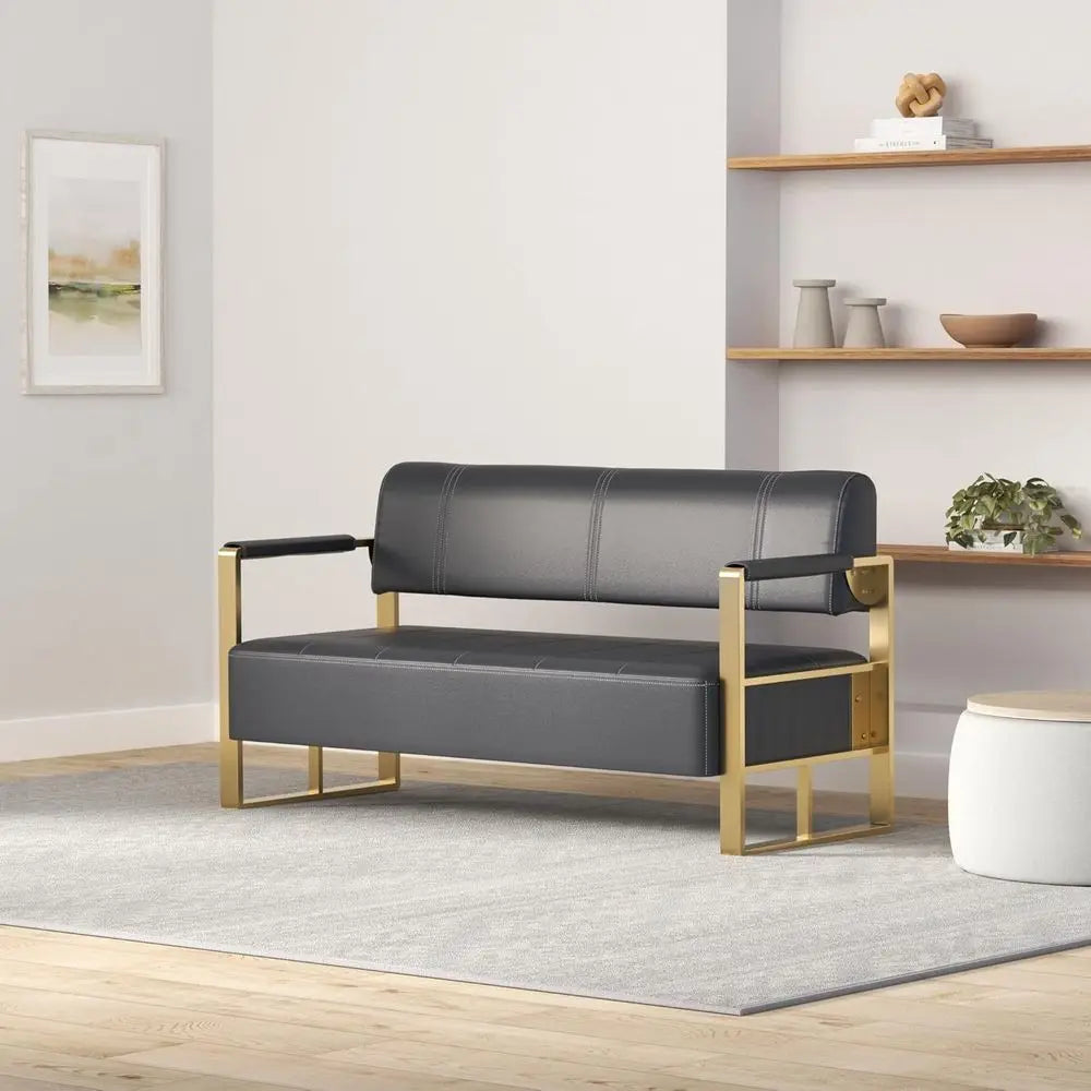 Mid-Century Modern Faux Leather 2-Seater Sofa, 60 Loveseat with Gold Legs for Small Spaces - Ideal for Home, Office (Black)