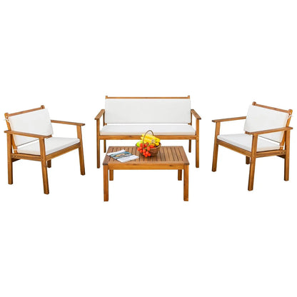 Patio Furniture 4 Piece Acacia Wood Outdoor Conversation Sofa Set with Table & Cushions Porch Chairs for Garden,, Customized