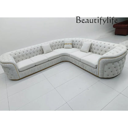 A Luxury Chesterfield Sectional Sofa Set With Cloth Buttons And Fabric Modular Couch With Gold Stainless Steel Base, 3-seater So