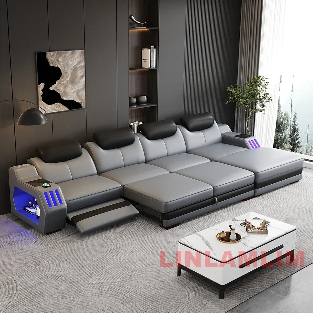 NEW Modern L-Shaped Sectional Sofa Bed with Adjustable Headrests & LED Lights, Genuine Leather Recliner Couch with Storage & USB