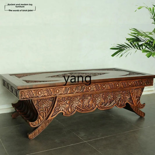 Solid wood carving flower coffee table ancient and modern log furniture old elm coffee table