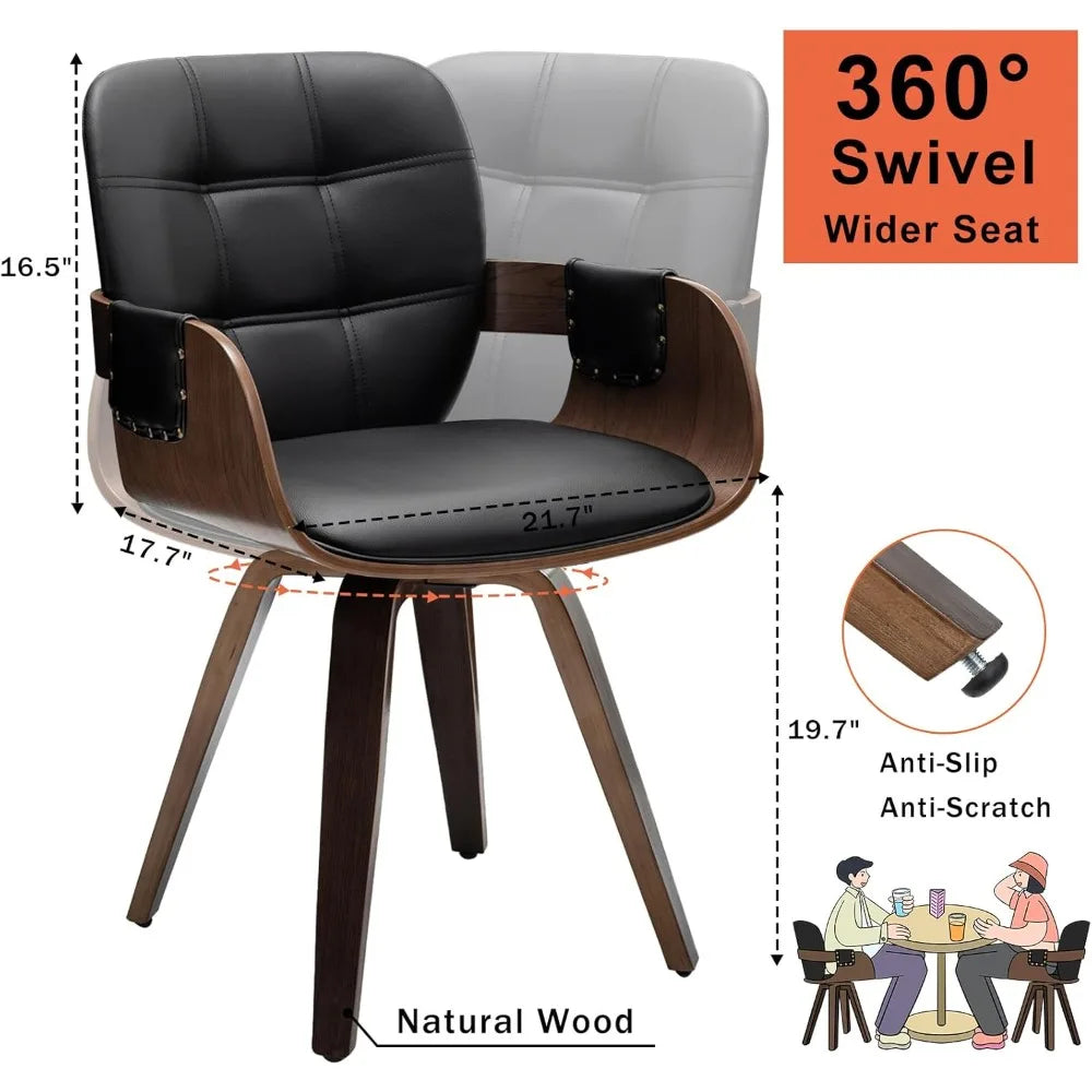 Set of 2 Mid Century Modern Chairs - Swivel Dining Chairs with Arms and Curved Back, Faux Leather Reception Room Chairs, Ideal f