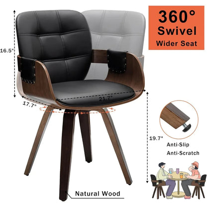 Set of 2 Mid Century Modern Chairs - Swivel Dining Chairs with Arms and Curved Back, Faux Leather Reception Room Chairs, Ideal f