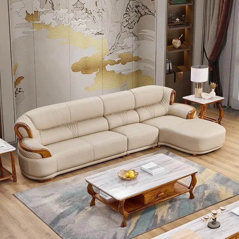 New Chinese style, leather, sofa, combination, all solid wood, luxury, living room