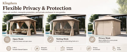 Kingdura 10'x10' Outdoor Gazebo, Heavy Duty Metal Patio Canopy Tent Shelter with Double Roof, Mosquito Netting & Privacy Curtain