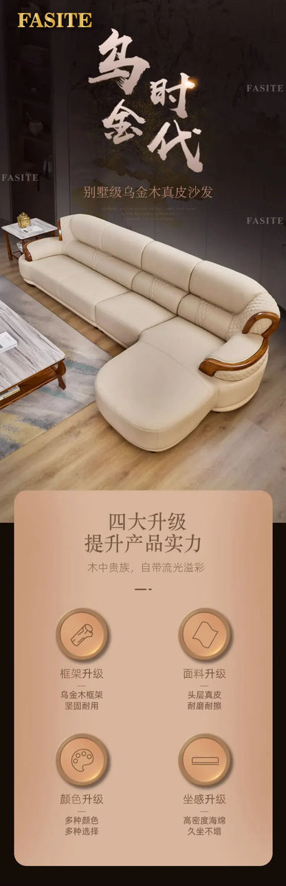 Ebony leather living room sofa combination modern simple light luxury new Chinese style solid wood first layer cowhide furniture