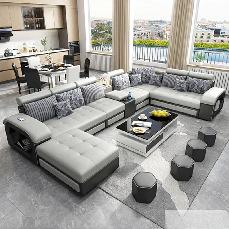 Fabric Sofa Set Furniture Living Room with USB and Stools / Big U Shape Cloth Couch for Home Furniture