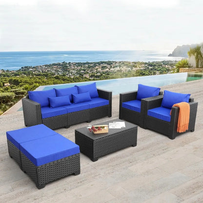 Outdoor Patio Wicker Furniture Set with 6 Pieces, PE Rattan, Conversation Couch, Sectional Sofa, Royal Blue Cushions