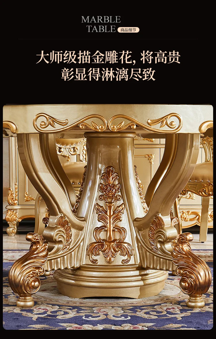 European dining table and chair combination glass surface classical luxury solid wood carving flower round table with turntable