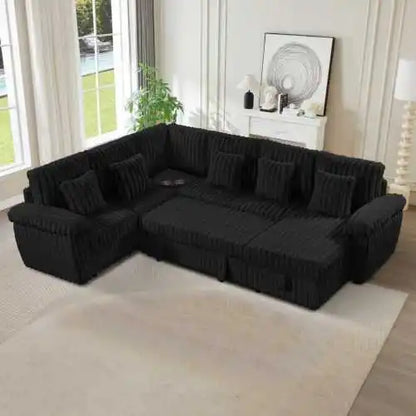110-inch U-shaped corduroy super soft sectional sofa with storage and pull-out bed, corner coffee table with cup holder