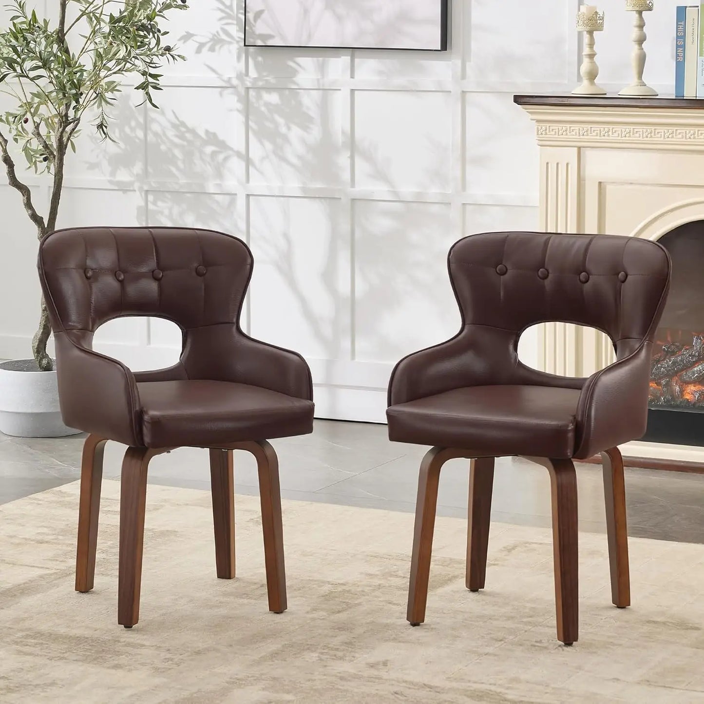 Swivel Dining Chairs Set of 2 - Mid Century Modern Faux Leather Armchairs with 360° Swivel, Ergonomic U-Shaped Back, Customized
