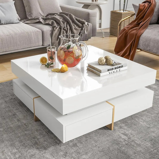Modern Coffee Table with Storage, Contemporary Square Coffee Table with Drawers, High Gloss Modern Center Table for Living Room