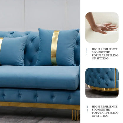 -Luxury Gold Legs Stainless Steel Blue Button Tufted Velvet Chesterfield Sofa Set 3 2 Seater SofaLiving Room Couch Set Furniture