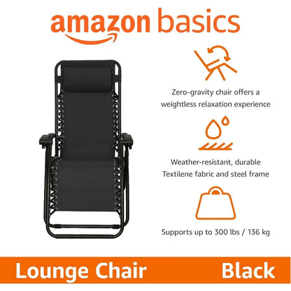 Basics Outdoor Patio Zero Gravity Lounge Chair with Pillow, Folding Reclining and Textilene Adjustable, Folding Lounge 26" Black