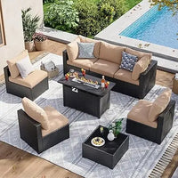 8 Piece Patio Furniture Set with 44” Fire Pit Table Wicker Rattan Patio Sectional Sofa Set Outdoor Seating Furniture with Thick