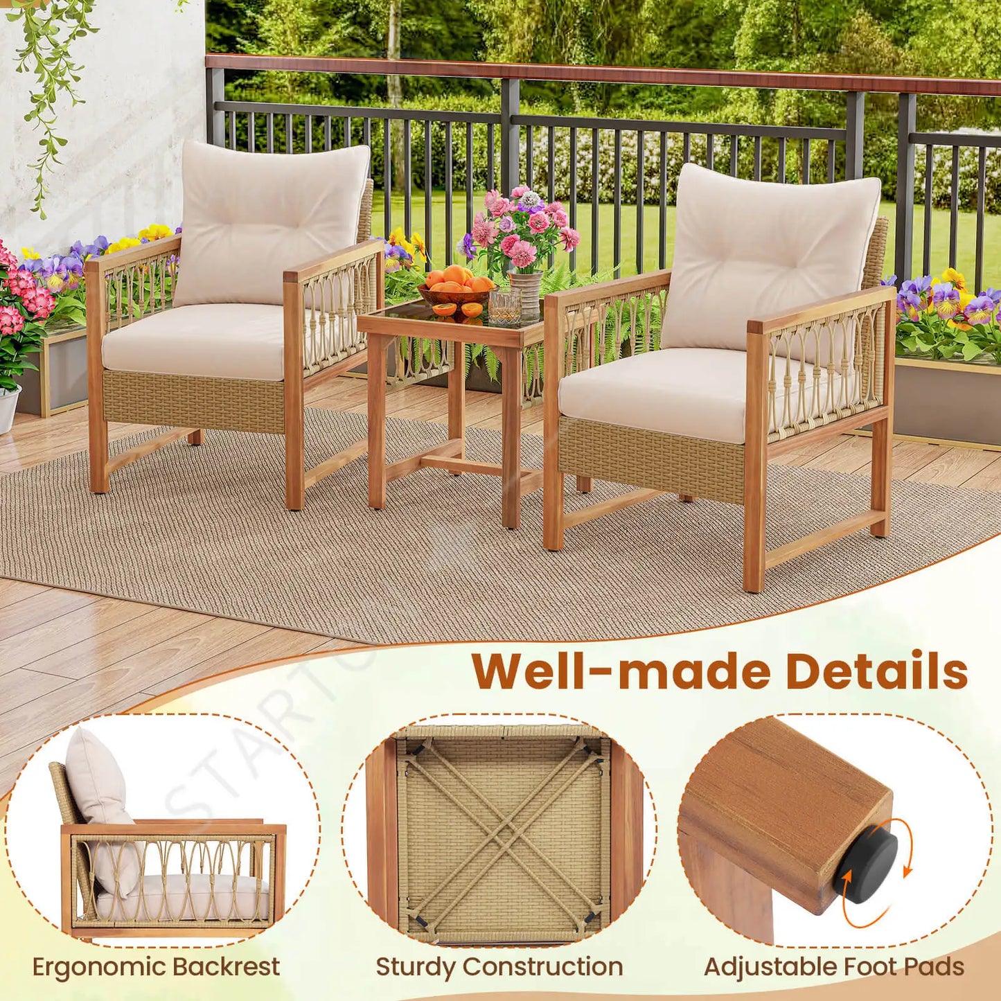 Popular Choice  3 PCS Patio Furniture Set Outdoor PE Wicker Conversation Bistro Set