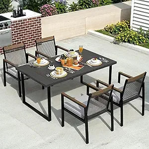 Outdoor Metal Dining Furniture Set with Umbrella Hole, Wood Grain Tabletop,，5-Piece Patio Dining Table and Chair Sets