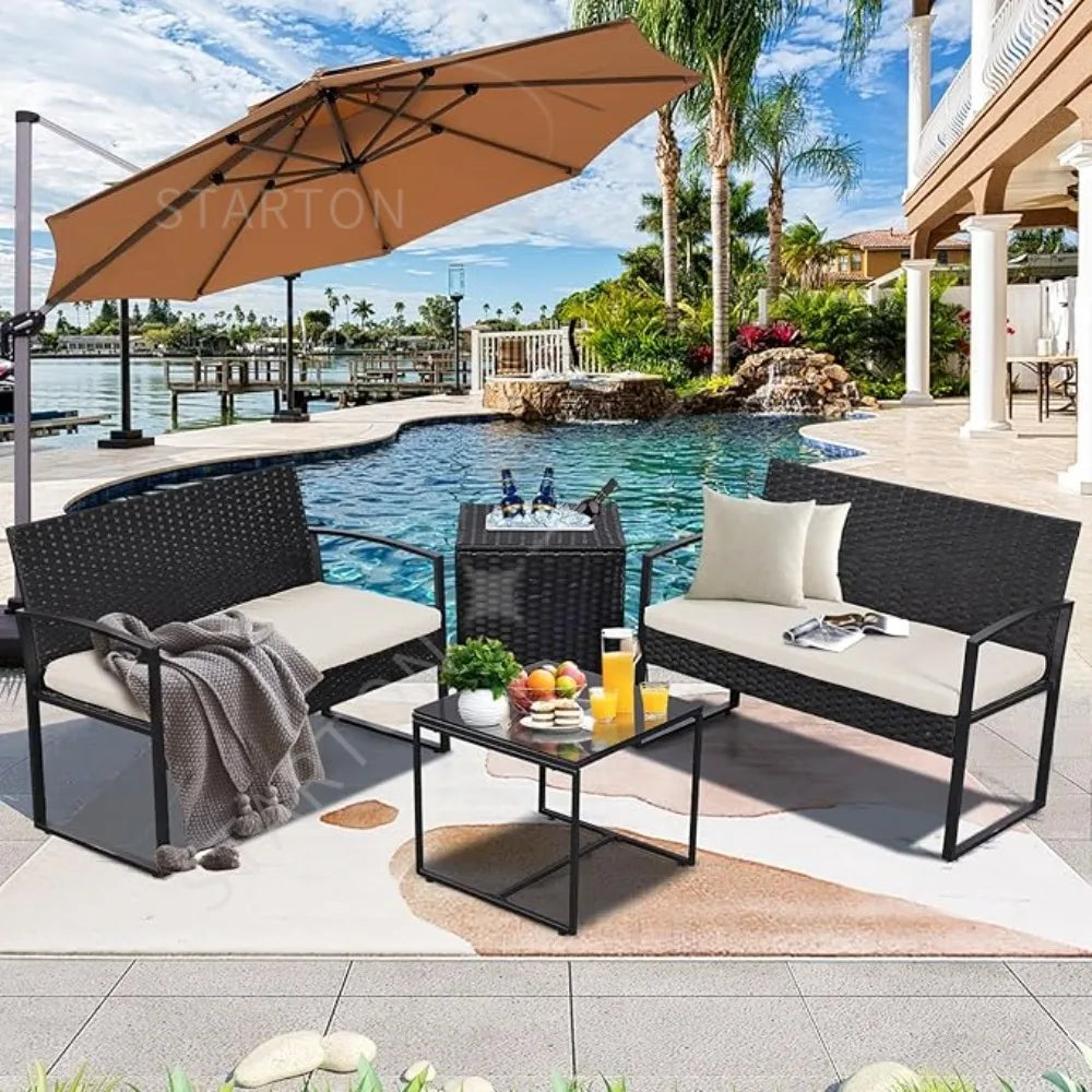Outdoor Patio Furniture Set w/Built-in Beverage Cooler Storage Box & Coffee Table for Outside for Balcony