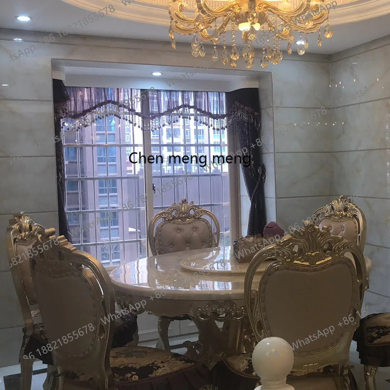 European white ice jade marble gold round dining table and chair combination European luxury solid wood dining table