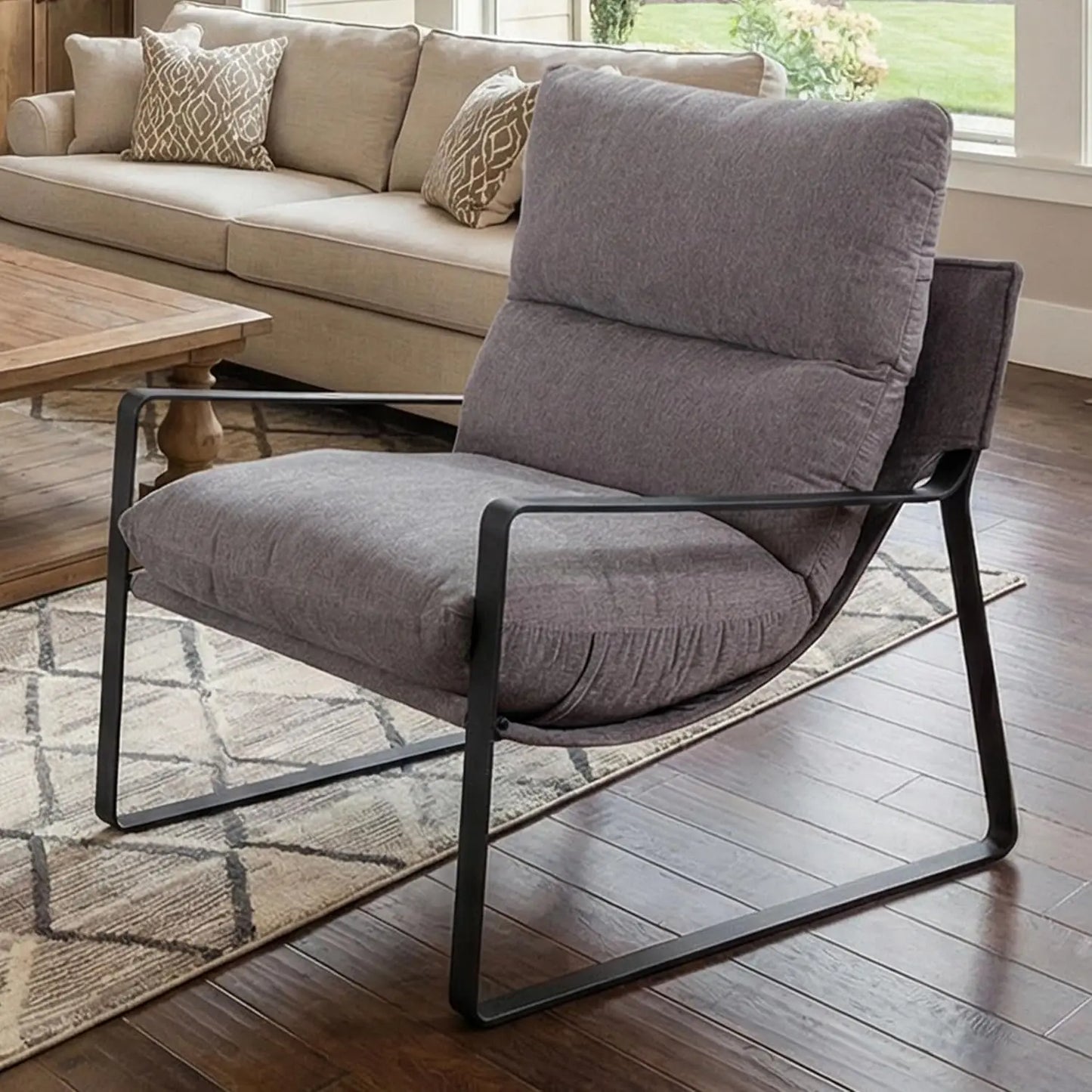 Modern Linen Accent Armchair Upholstered Living Room Chair with Metal Base Thickened Cushion Grey