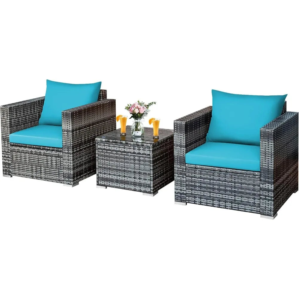 Three Piece Patio Set, Outdoor Rattan Sofa With Cushions, Tempered Glass Coffee Table, Wicker Conversation Furniture