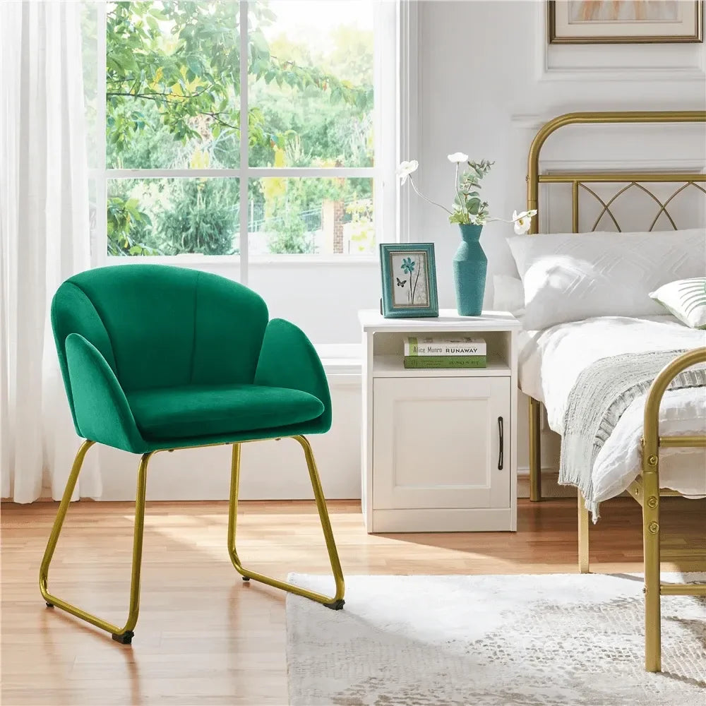 1PC Modern Velvet Vanity Accent Armchair Gold Metal Legs Flower Shape Seat Flared Backrest, SpaceSaving FloorProtect Chair For