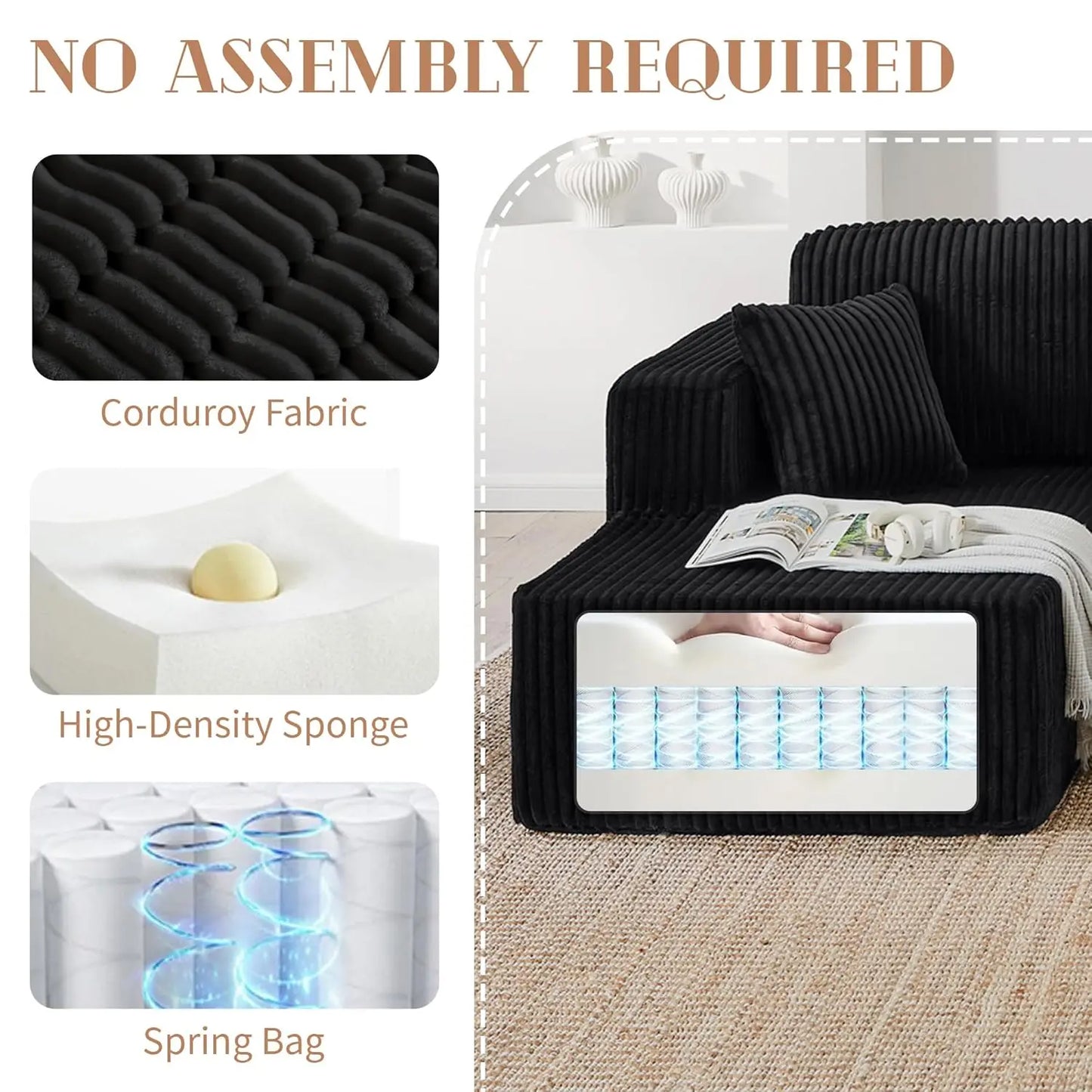 Modern Minimalist Sectional Sofa: L-Shape Cloud Couch with Deep Seats Right Chaise - Black