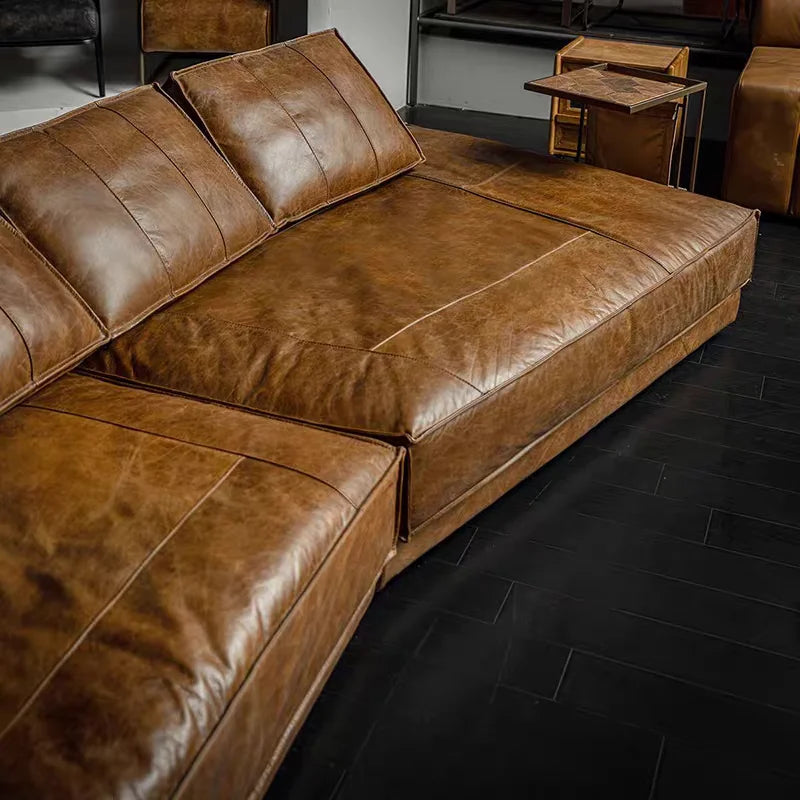 Classic retro style living room Budapest sofa, second-hand bed and breakfast oil wax leather special-shaped sofa